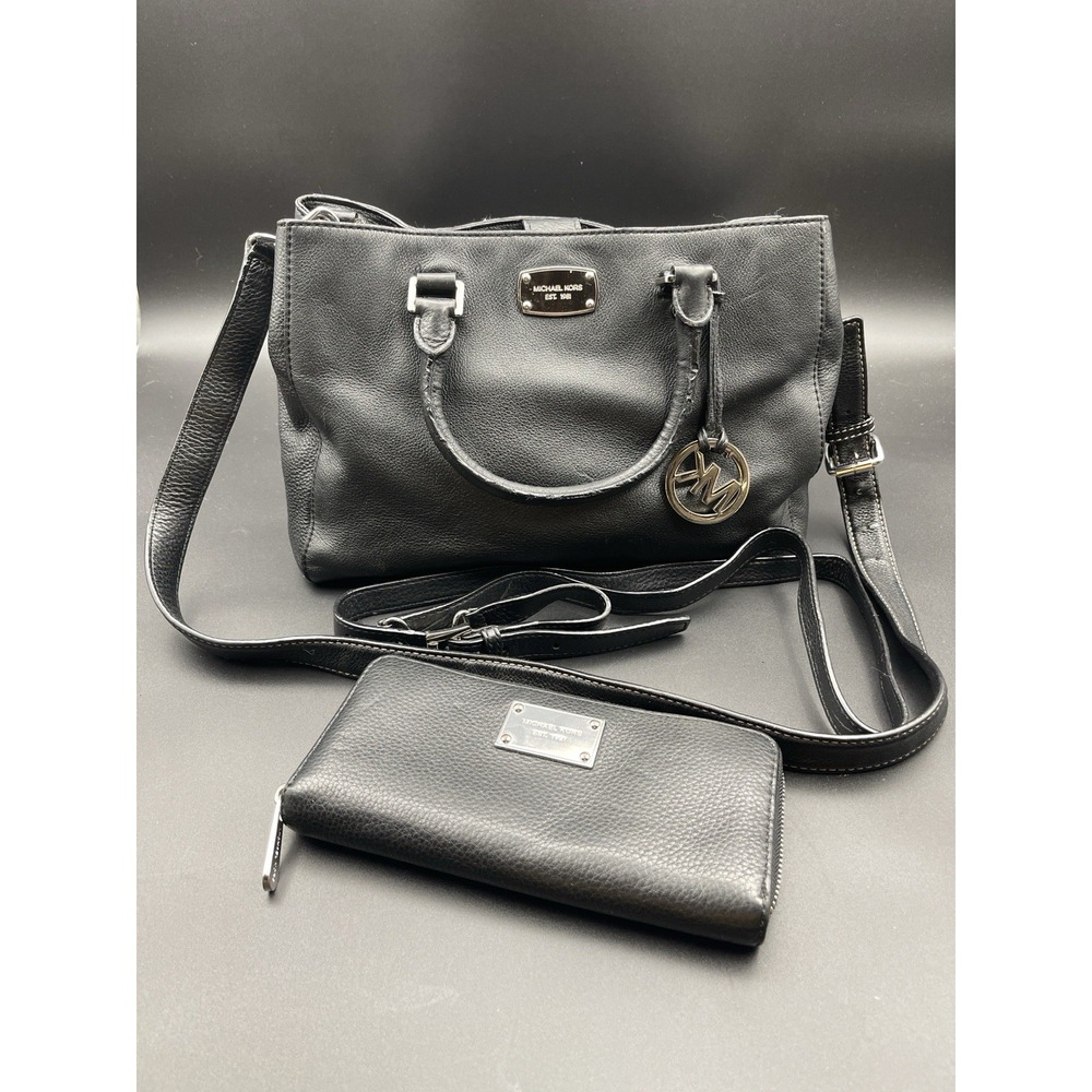 Michael Kors Black Pebbled Leather Satchel Crossbody 2 Straps + Wallet‎ Set